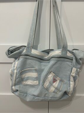 Guess Light Blue and Cream Striped Canvas Tote